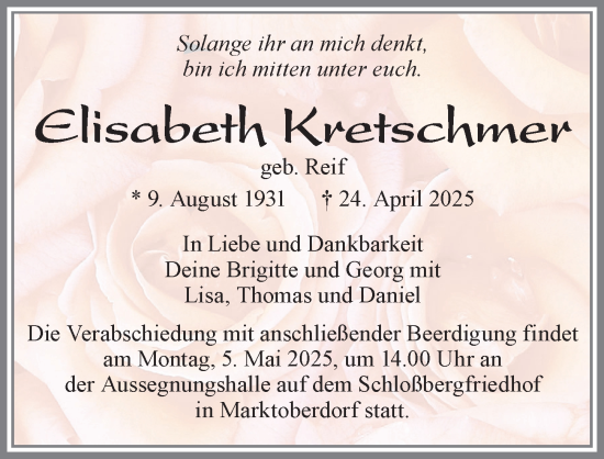 Traueranzeige von Elisabeth Kretschmer von Allgäuer Zeitung, Marktoberdorf