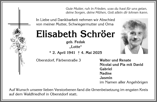 Traueranzeige von Elisabeth Schröer von Allgäuer Anzeigeblatt