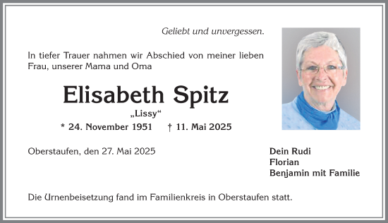 Traueranzeige von Elisabeth Spitz von Allgäuer Anzeigeblatt