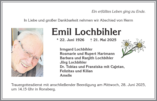 Traueranzeige von Emil Lochbihler von Allgäuer Zeitung, Marktoberdorf