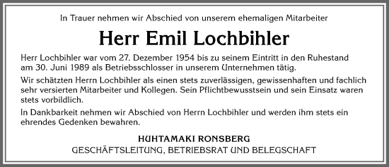 Traueranzeige von Emil Lochbihler von Allgäuer Zeitung, Marktoberdorf