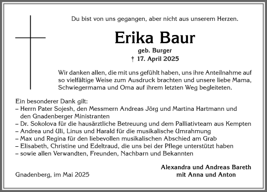 Traueranzeige von Erika Baur von Allgäuer Zeitung,Kempten
