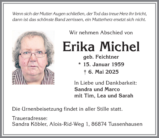 Traueranzeige von Erika Michel von Allgäuer Zeitung, Kaufbeuren/Buchloe
