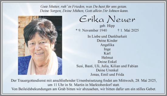 Traueranzeige von Erika Neuer von Allgäuer Zeitung, Marktoberdorf