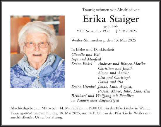 Traueranzeige von Erika Staiger von Der Westallgäuer