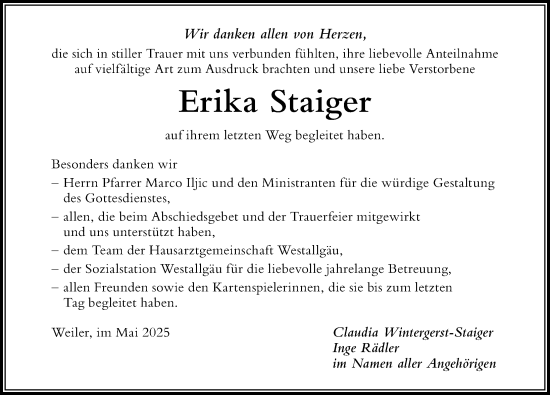 Traueranzeige von Erika Staiger von Der Westallgäuer