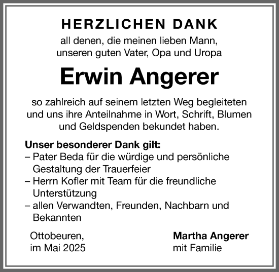 Traueranzeige von Erwin Angerer von Memminger Zeitung