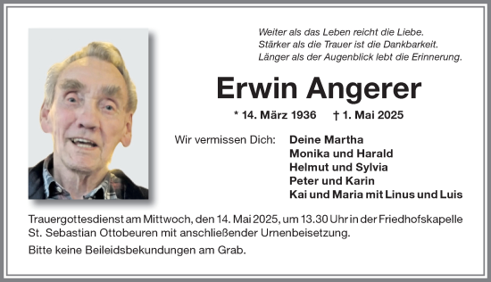 Traueranzeige von Erwin Angerer von Memminger Zeitung
