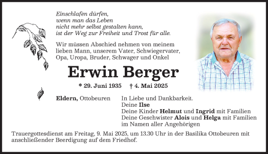 Traueranzeige von Erwin Berger von Memminger Zeitung