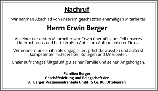 Traueranzeige von Erwin Berger von Memminger Zeitung