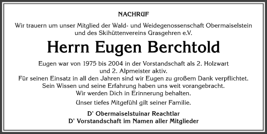 Traueranzeige von Eugen Berchtold von Allgäuer Anzeigeblatt
