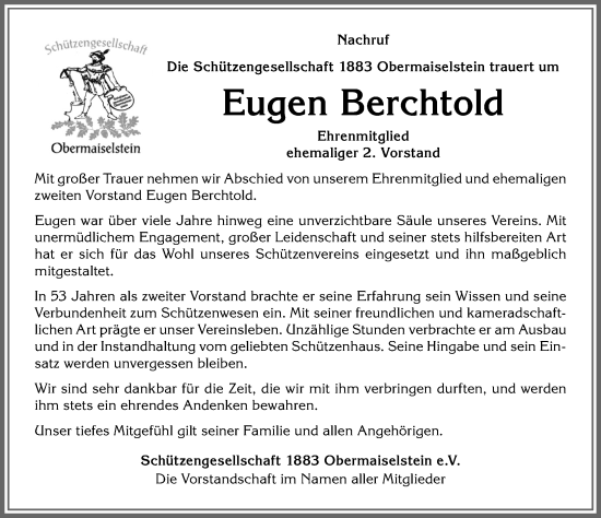 Traueranzeige von Eugen Berchtold von Allgäuer Anzeigeblatt