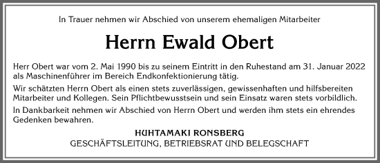 Traueranzeige von Ewald Obert von Augsburger Allgemeine, Mindelheimer Zeitung