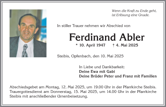 Traueranzeige von Ferdinand Abler von Allgäuer Anzeigeblatt