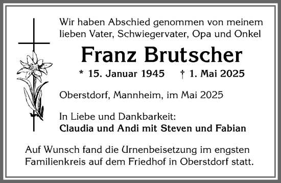 Traueranzeige von Franz Brutscher von Allgäuer Anzeigeblatt