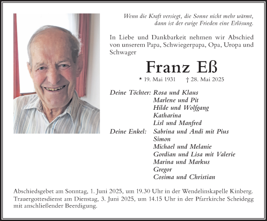Traueranzeige von Franz Eß von Der Westallgäuer