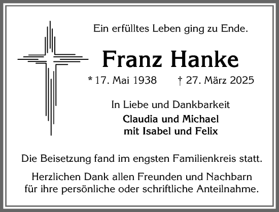 Traueranzeige von Franz Hanke von Memminger Zeitung