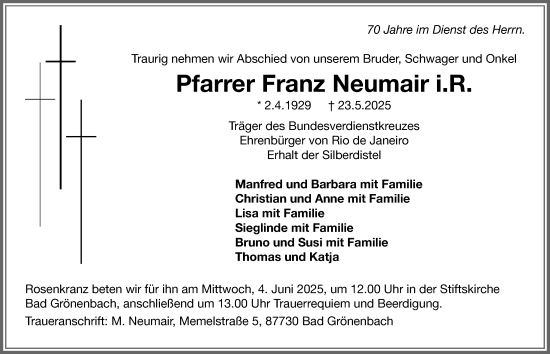 Traueranzeige von Franz Neumair von Allgäuer Zeitung,Kempten