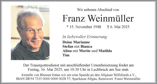 Traueranzeige von Franz Weinmüller von Allgäuer Zeitung, Füssen