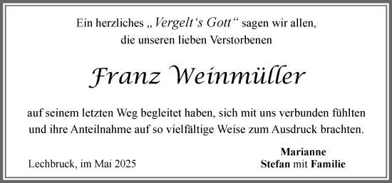 Traueranzeige von Franz Weinmüller von Allgäuer Zeitung, Füssen