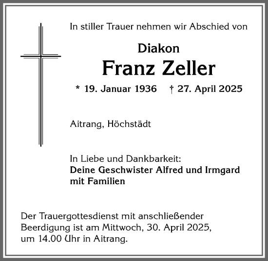 Traueranzeige von Franz Zeller von Allgäuer Zeitung, Marktoberdorf