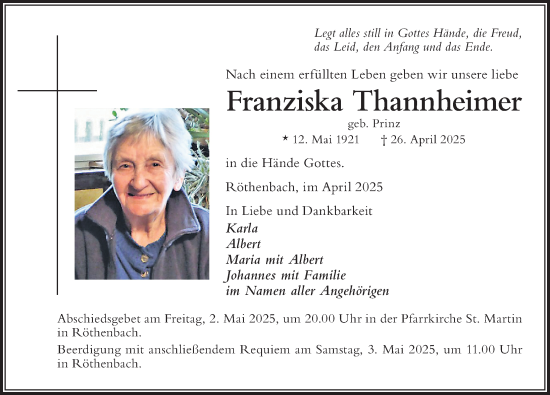 Traueranzeige von Franziska Thannheimer von Der Westallgäuer