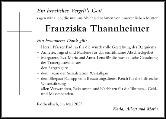 Traueranzeige von Franziska Thannheimer von Der Westallgäuer