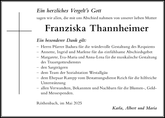 Traueranzeige von Franziska Thannheimer von Der Westallgäuer