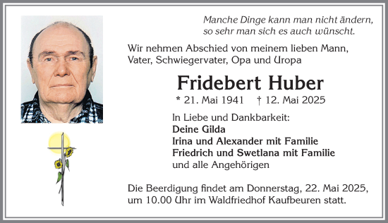 Traueranzeige von Fridebert Huber von Allgäuer Zeitung, Kaufbeuren/Buchloe