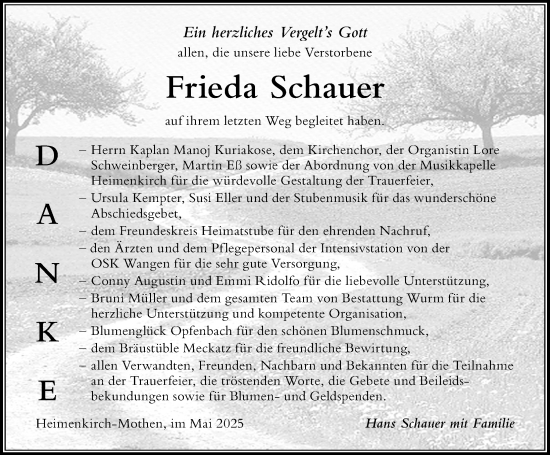 Traueranzeige von Frieda Schauer von Der Westallgäuer