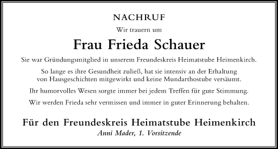Traueranzeige von Frieda Schauer von Der Westallgäuer