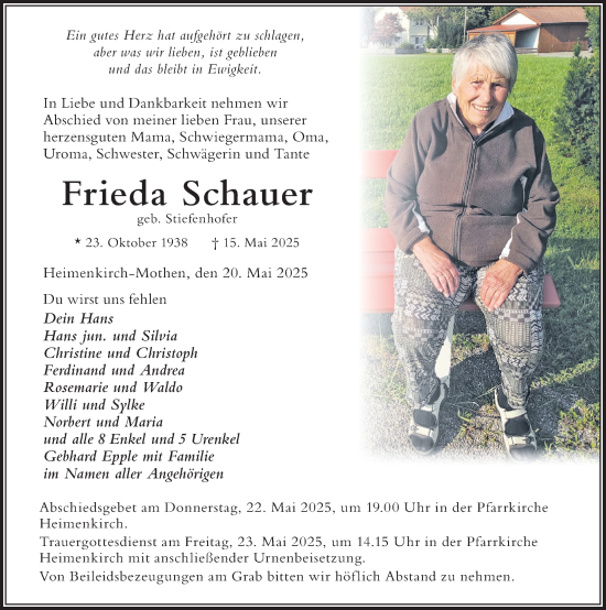 Traueranzeige von Frieda Schauer von Der Westallgäuer