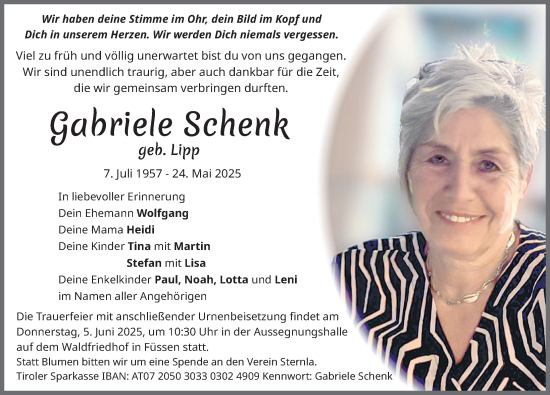 Traueranzeige von Gabriele Schenk von Allgäuer Zeitung, Füssen
