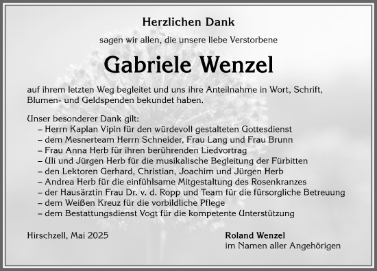 Traueranzeige von Gabriele Wenzel von Allgäuer Zeitung, Kaufbeuren/Buchloe