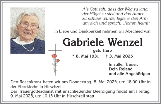 Traueranzeige von Gabriele Wenzel von Allgäuer Zeitung, Kaufbeuren/Buchloe