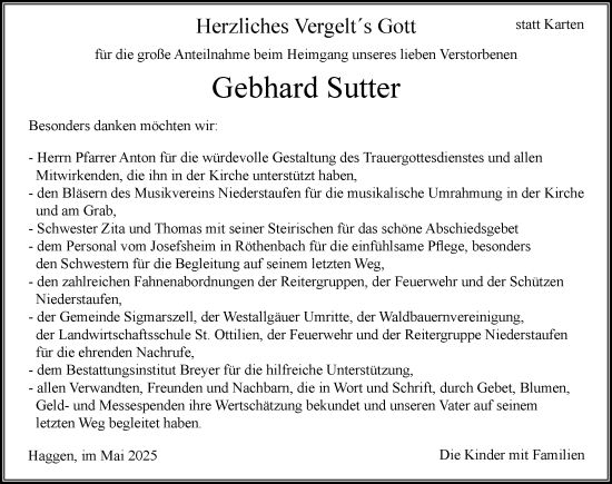 Traueranzeige von Gebhard Sutter von Der Westallgäuer