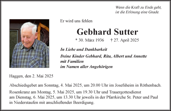 Traueranzeige von Gebhard Sutter von Der Westallgäuer