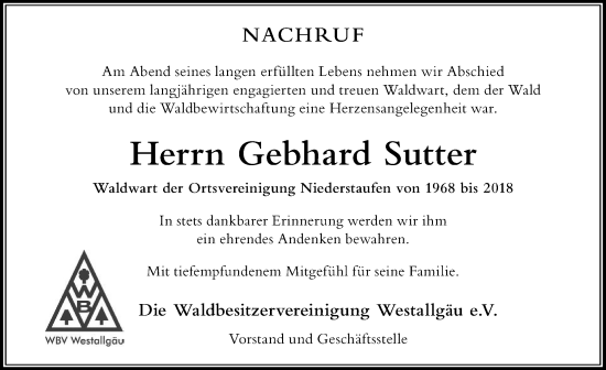 Traueranzeige von Gebhard Sutter von Der Westallgäuer