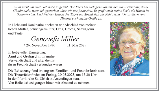 Traueranzeige von Genovefa Miller von Memminger Zeitung