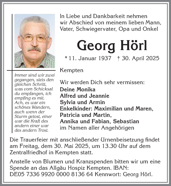 Traueranzeige von Georg Hörl von Allgäuer Zeitung,Kempten