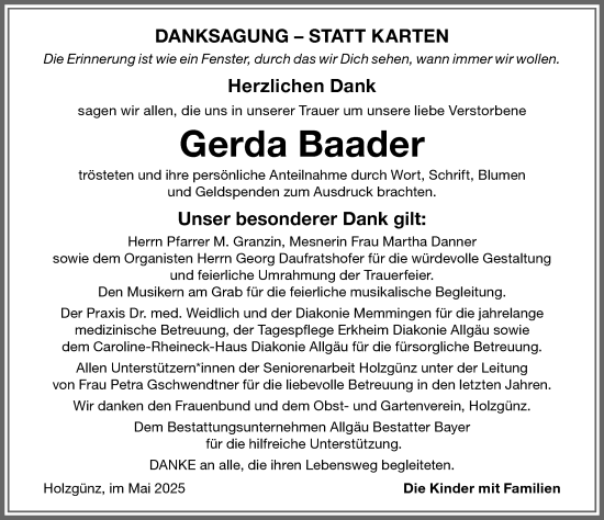 Traueranzeige von Gerda Baader von Memminger Zeitung