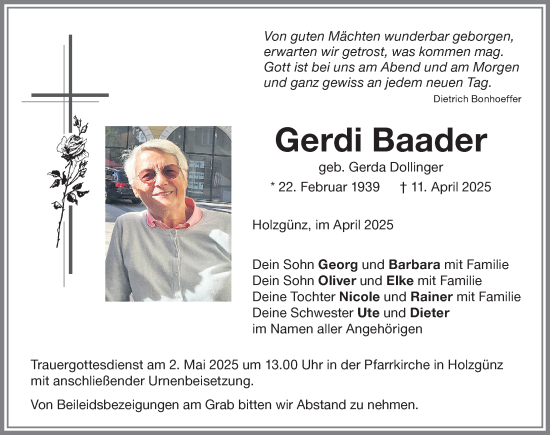 Traueranzeige von Gerdi Baader von Memminger Zeitung