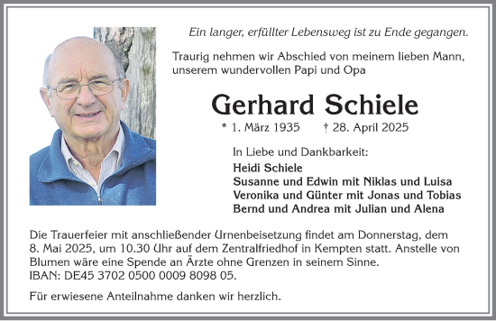 Traueranzeige von Gerhard Schiele von Allgäuer Zeitung,Kempten