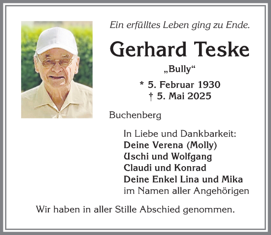 Traueranzeige von Gerhard Teske von Allgäuer Zeitung,Kempten