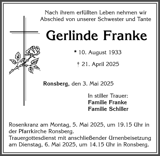Traueranzeige von Gerlinde Franke von Allgäuer Zeitung, Marktoberdorf