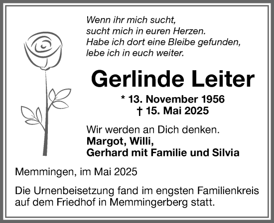 Traueranzeige von Gerlinde Leiter von Memminger Zeitung