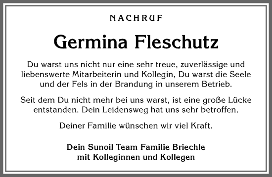 Traueranzeige von Germina Fleschutz von Allgäuer Zeitung,Kempten