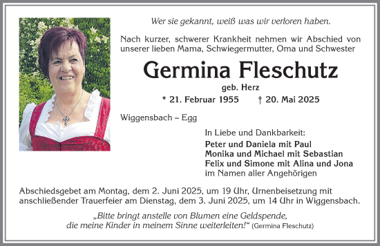 Traueranzeige von Germina Fleschutz von Allgäuer Zeitung,Kempten