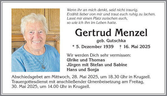 Traueranzeige von Gertrud Menzel von Allgäuer Zeitung,Kempten