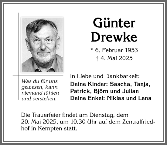 Traueranzeige von Günter Drewke von Allgäuer Zeitung,Kempten